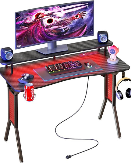 Gaming Desk with Power Outlets & LED Strip Lights,Computer Desk with Large Monitor Stand, Gamer Workstation with Stylish Metal Legs,Headphone Hook&Cup Holder for Home Office - LeafyLoom