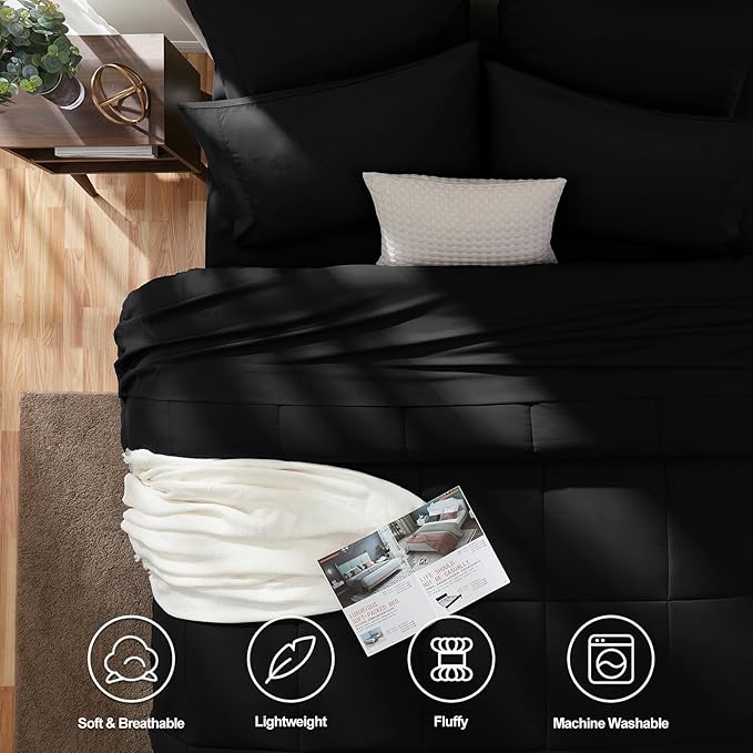 CozyLux Full Size Comforter Sets - 7 Pieces Bed in a Bag Set Black Full, Complete Bedding Sets Bed Set for All Season with Comforter, Flat Sheets, Fitted Sheet, Pillowcases & Shams - LeafyLoom