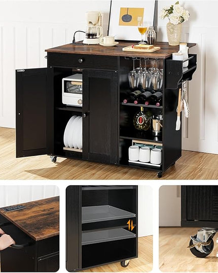 HOOBRO Kitchen Island with Storage, Rolling Kitchen Island with Folding Drop Leaf, Charging Station, Spice Rack, Drawer, Mobile Kitchen Island On Wheels, for Kitchen, Black and Rustic Brown BF95UZD01 - LeafyLoom