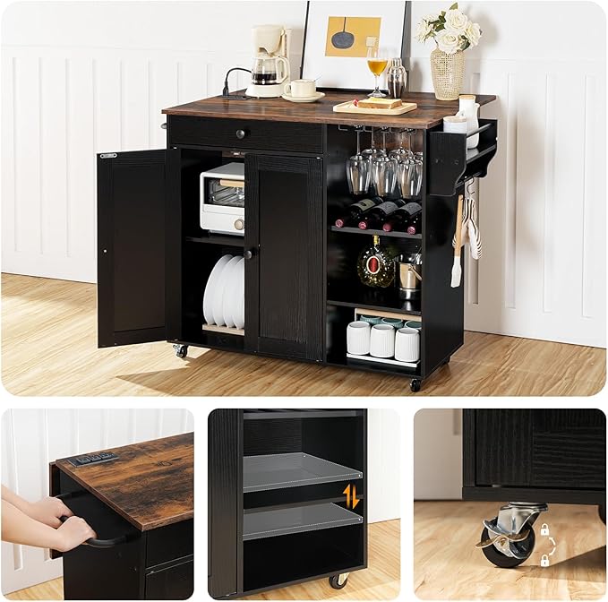 HOOBRO Kitchen Island with Storage, Rolling Kitchen Island with Folding Drop Leaf, Charging Station, Spice Rack, Drawer, Mobile Kitchen Island On Wheels, for Kitchen, Black and Rustic Brown BF95UZD01 - LeafyLoom