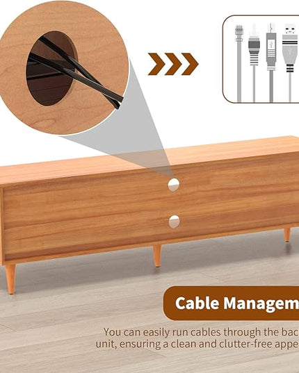 EasyCom TV Stand for 65 inch TV, Farmhouse Rattan Entertainment Center with Storage and Open Shelves, Mid Century Modern Entertainment Center with Natural Rattan Door - LeafyLoom