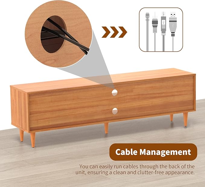EasyCom TV Stand for 65 inch TV, Farmhouse Rattan Entertainment Center with Storage and Open Shelves, Mid Century Modern Entertainment Center with Natural Rattan Door - LeafyLoom