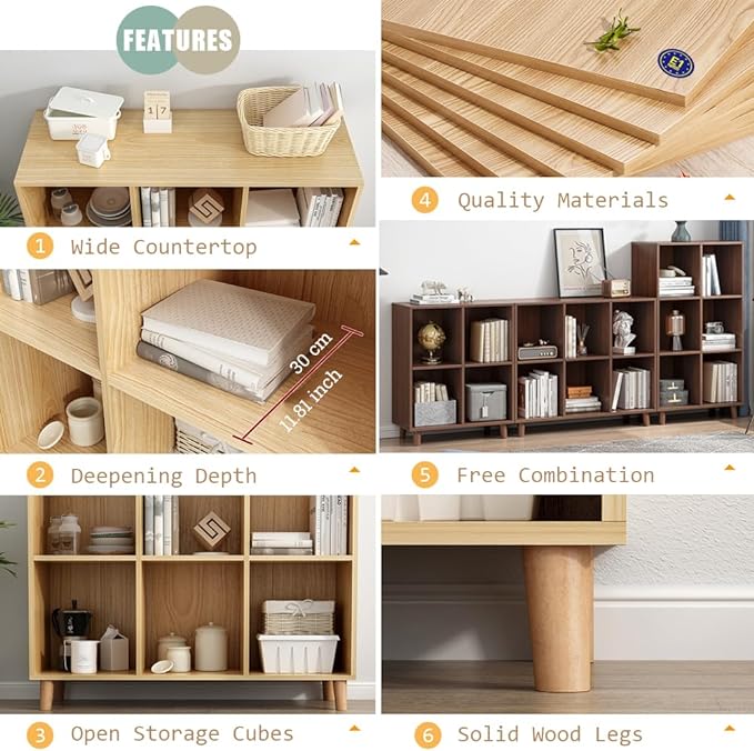 IOTXY Freestanding Open Cubes Bookcase - 2-Tier Floor Standing Wooden Storage Display Cabinet Organizer with Legs for Home Office, 6-Cubes Open Shelf Low Short Bookshelf, Walnut - LeafyLoom