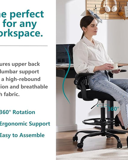 SMUG Drafting Chair, Tall Office Chair Tall Standing Desk Chair Counter Height Adjustable Office Chair with Flip-up Arms, Mid Back Mesh Office Drafting Chairs, Black - LeafyLoom
