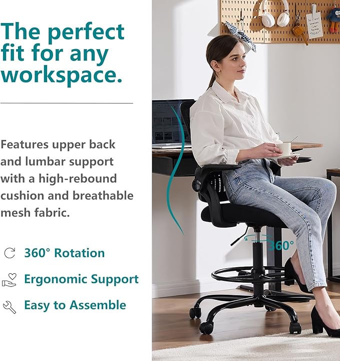 SMUG Drafting Chair, Tall Office Chair Tall Standing Desk Chair Counter Height Adjustable Office Chair with Flip-up Arms, Mid Back Mesh Office Drafting Chairs, Black - LeafyLoom