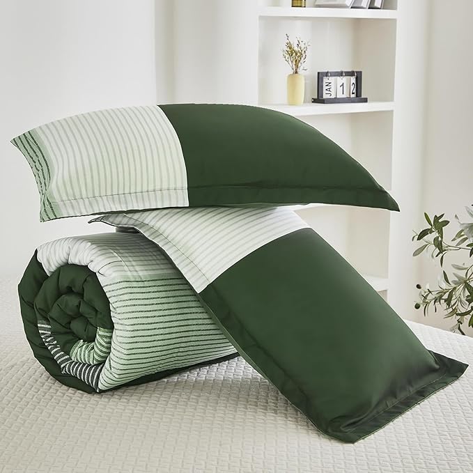 WONGS BEDDING Comforter Set King, Reversible Olive Green Striped Down Alternative Comforter for King Bed,3 Pieces (1 Comforter+2 Pillowcases), Soft Microfiber Bedding Duvet Set 104"×90" - LeafyLoom