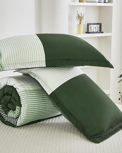 WONGS BEDDING Comforter Set Queen, Reversible Olive Green Striped Patchwork Down Alternative Comforter for Queen Bed,3 Pieces (1 Comforter+2 Pillowcases),Soft Microfiber Bedding Set 90"×90" - LeafyLoom