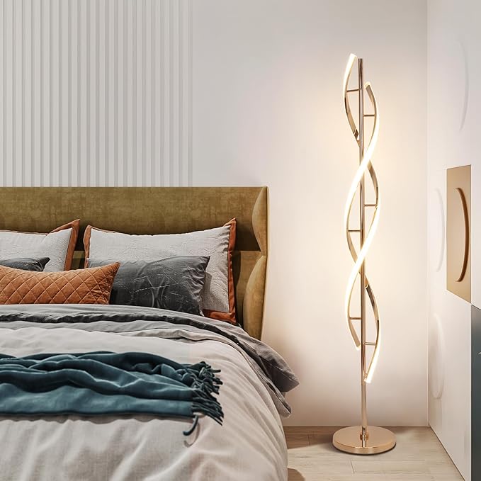 LED Modern Floor Lamp for Living Room, 40W 3 Colors Stepless Dimmable and Color-Changing Bright Floor Standing Lamp,60" Unique Spiral Floor Tall Lamp for Bedroom Office with Remote,Gold - LeafyLoom