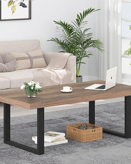 IBF Farmhouse Coffee Table, Modern Minimalist Wood Coffee Table for Living Room, Simple Industrial Rectangle Center Table, Wood and Metal Tea Coffee Table for Home Bedroom Office, Rustic Oak, 47 inch - LeafyLoom