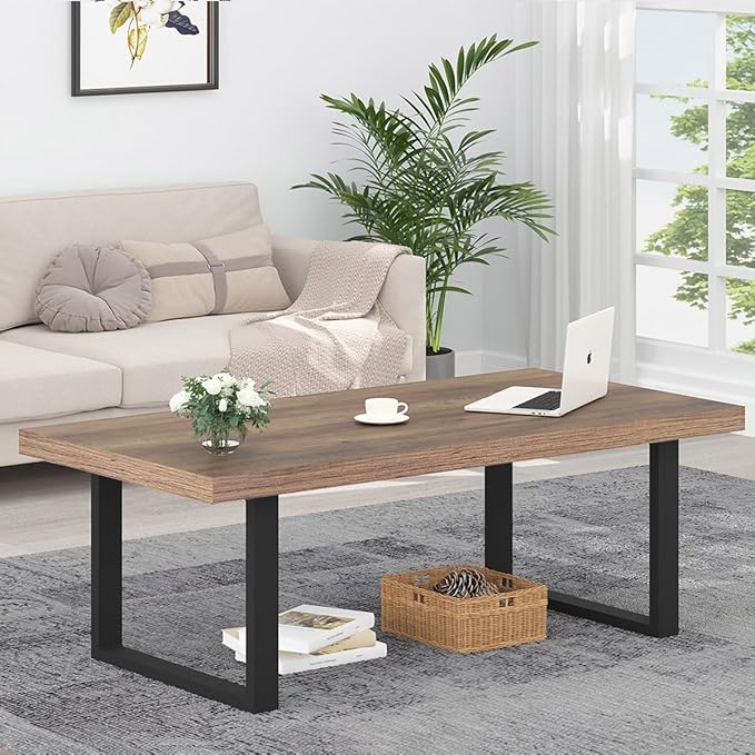 IBF Farmhouse Coffee Table, Modern Minimalist Wood Coffee Table for Living Room, Simple Industrial Rectangle Center Table, Wood and Metal Tea Coffee Table for Home Bedroom Office, Rustic Oak, 47 inch - LeafyLoom