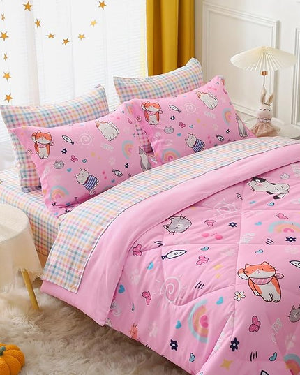 Pink Cats Comforter Set Twin Size for Girls Kids Teens 7 Piece Cute Animal Fish Butterfly Bed in A Bag Cartoon Rainbow Star Sun Heart Bedding Set All Season Lightweight - LeafyLoom