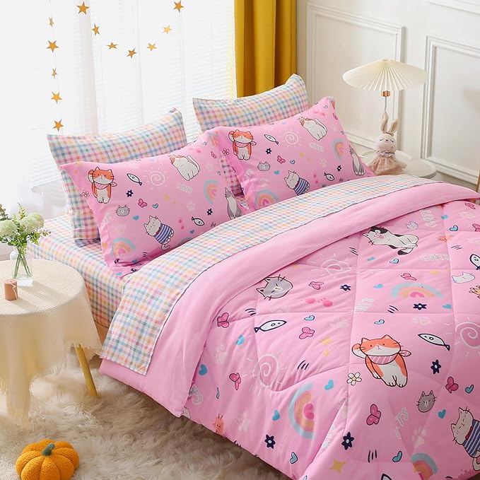 Pink Cats Comforter Set Twin Size for Girls Kids Teens 7 Piece Cute Animal Fish Butterfly Bed in A Bag Cartoon Rainbow Star Sun Heart Bedding Set All Season Lightweight - LeafyLoom