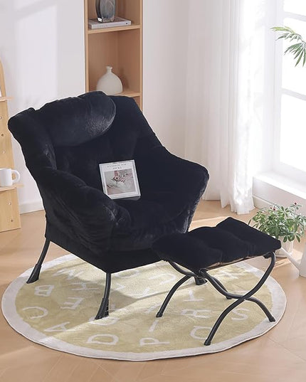 Lazy Chair with Ottoman, Modern Chair with Folding Footrest, Lounge Accent Chair, Comfortable Reading Chair for Bedroom, Study, Living Room, Small Space (Plush Black) - LeafyLoom