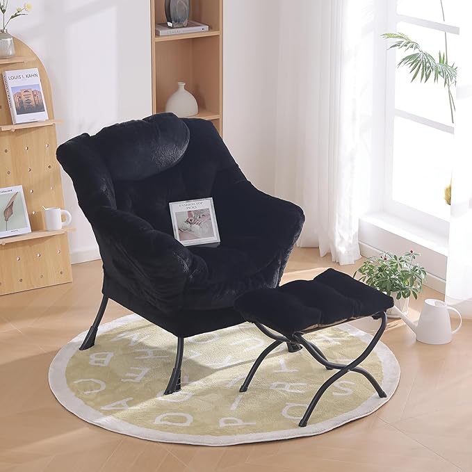 Lazy Chair with Ottoman, Modern Chair with Folding Footrest, Lounge Accent Chair, Comfortable Reading Chair for Bedroom, Study, Living Room, Small Space (Plush Black) - LeafyLoom