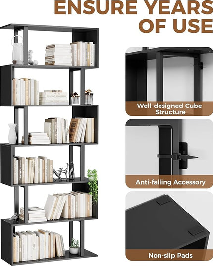 Gadroad 6 Tier Geometric Bookcase, Black Book Shelves, Modern Corner Bookcase Storage Shelf Wood for Bedroom, Living Room, Home Office, Black - LeafyLoom