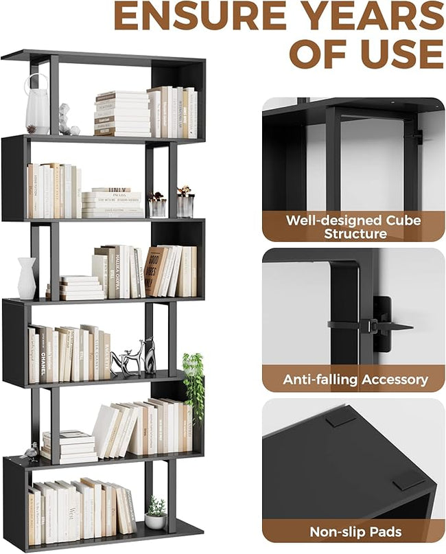 Gadroad 6 Tier Geometric Bookcase, Black Book Shelves, Modern Corner Bookcase Storage Shelf Wood for Bedroom, Living Room, Home Office, Black - LeafyLoom