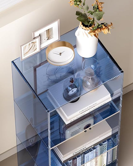 Acrylic Bookcase, 3 Tier Clear Floor Standing Bookshelf, 31.5 inch Tall Display Cube Storage Shelf Home Decor Furniture for Home, Office, Living Room, Bedroom - Transparent Blue - LeafyLoom