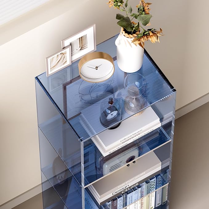Acrylic Bookcase, 3 Tier Clear Floor Standing Bookshelf, 31.5 inch Tall Display Cube Storage Shelf Home Decor Furniture for Home, Office, Living Room, Bedroom - Transparent Blue - LeafyLoom