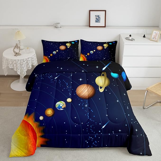Erosebridal Boys Outer Space Down Comforter, Kids Galaxy Nebula Comforter Set King Size, Starry Sky Cosmos Bedding Set for Children Girls, Solar System Starry Landscape Quilted Duvet, Blue Purple - LeafyLoom