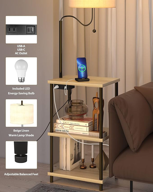 Floor Lamp with Table for Living Room End Table with Lamp Attached USB Type-C Bedside Reading Table with Charging Station Small Nightstand Table Floor Lamp for Bedroom(Bulb Included) - LeafyLoom