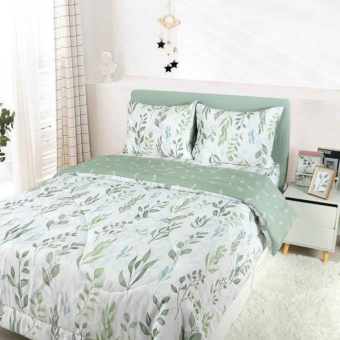 DILIMI Queen Comforter set, 3 Pieces Queen Size Comforter Sets, Reversible Green Comforter Queen, Ultra Soft and Fluffy Bedding Comforter Sets with Comforter, 2 Pillowcase - LeafyLoom