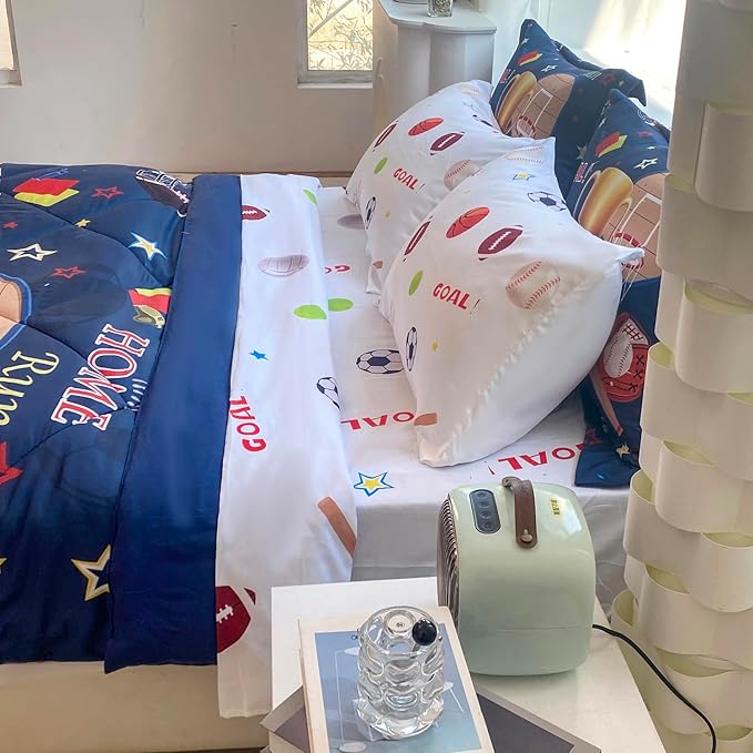 Sports Comforter Set Twin Size for Boys Kids Teens 7 Piece Basketball Baseball Bed in A Bag Soccer Football Trophies Bedding Set All Season Lightweight - LeafyLoom
