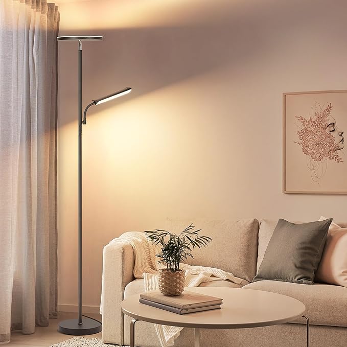 LED Floor Lamp, 48W 4000LM Super Bright Torchiere Floor Lamp with Adjustable Reading Light, Dimmable Standing Lamp with Remote & Touch Control - LeafyLoom
