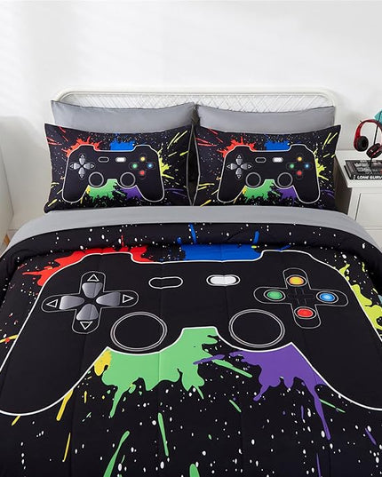 KAKKI 5 Piece Boys Queen Gamer Comforter Set with Sheets, 3D Colorful Video Game Controller Comforter for Kids Teen, All Season Soft Microfiber Gaming Bedding Set(Black,Queen) - LeafyLoom