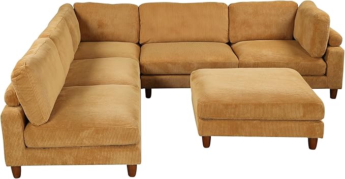 Free Combination Convertible Modular Sectional Sofa with Movable Ottomans , 163'' Oversized Corduroy Upholstered Sleeper Corner Couch Sofabed with Wooden Legs and Detachable Cushions for Living Room - LeafyLoom