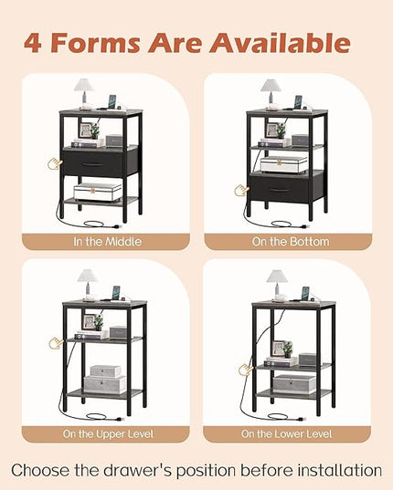 SUPERJARE Nightstand Set of 2, Bed Side Tables with Charging Station, Adjustable Fabric Drawer, Night Stand for Bedroom, 3-Tier Storage End Tables, for Living Room - Charcoal Gray - LeafyLoom