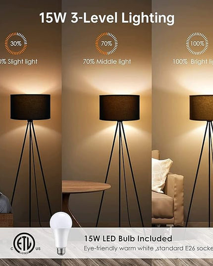 BoostArea Floor Lamp for Living Room, Tripod Floor Lamp, 15W LED Bulb, 3 Levels Dimmable Brightness, Black Linen Lamp Shade, Mid Century Standing Lamp for Living Room, Bedroom, Study Room and Office - LeafyLoom
