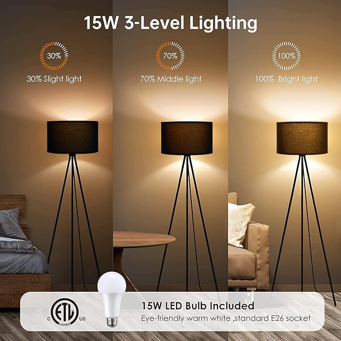 BoostArea Floor Lamp for Living Room, Tripod Floor Lamp, 15W LED Bulb, 3 Levels Dimmable Brightness, Black Linen Lamp Shade, Mid Century Standing Lamp for Living Room, Bedroom, Study Room and Office - LeafyLoom