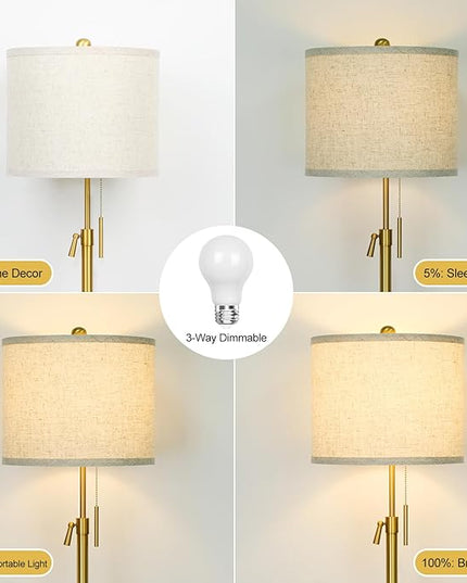 Modern Floor Lamp for Living Room, Adjustable Height Standing Lamp with Marble Base, Gold Tall Pole Light with Linen Shade for Reading Bedroom, Chain Switch, 8W 3-Way Dimmable Bulb Included - LeafyLoom
