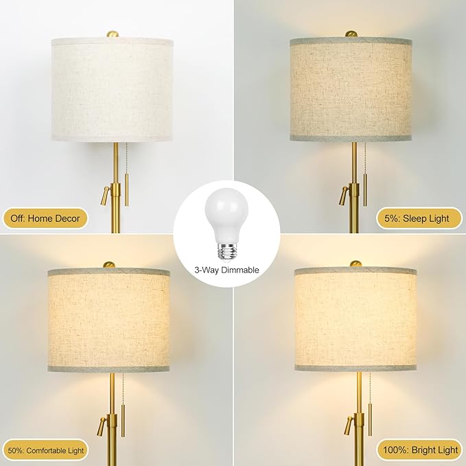 Modern Floor Lamp for Living Room, Adjustable Height Standing Lamp with Marble Base, Gold Tall Pole Light with Linen Shade for Reading Bedroom, Chain Switch, 8W 3-Way Dimmable Bulb Included - LeafyLoom