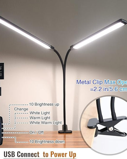 Desk Lamp, Clamp on Lamp with 2 LED Tubes, 13W, 1200 Lms, 3 Color Modes, 10 Brightness Levels, 18.5 Inches Flexible Gooseneck LED Clip Book Light for Reading, Working (Adapter Included) - LeafyLoom