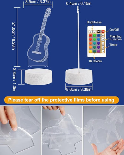 FULLOSUN Guitar Gift, Kids Guitar Night Light (with Remote Control), 3D Illumination Lights Boys Gift 16 Colors Changeable Kids Room Lighting Creative Decoration... (Guitar) - LeafyLoom