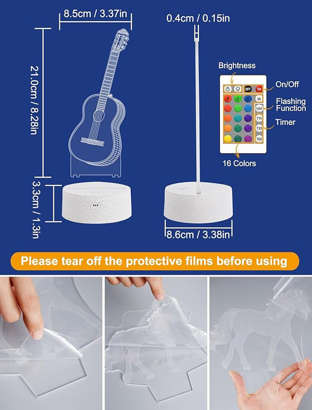 FULLOSUN Guitar Gift, Kids Guitar Night Light (with Remote Control), 3D Illumination Lights Boys Gift 16 Colors Changeable Kids Room Lighting Creative Decoration... (Guitar) - LeafyLoom