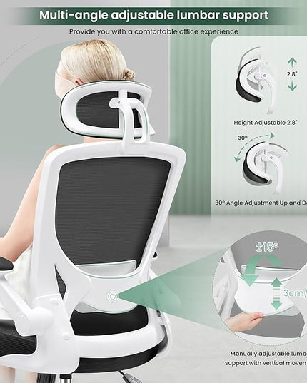 KERDOM Ergonomic Office Chair, Breathable Mesh Desk Chair, Lumbar Support Computer Chair with Headrest and Flip-up Arms, Swivel Task Chair, Adjustable Height Gaming Chair, White - LeafyLoom