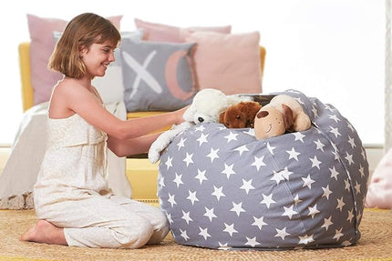 Aubliss Stuffed Animal Bean Bag Storage Chair, Beanbag Covers Only for Organizing Plush Toys, Turns into Bean Bag Seat for Kids When Filled, Large 38"-Canvas Stars Grey - LeafyLoom