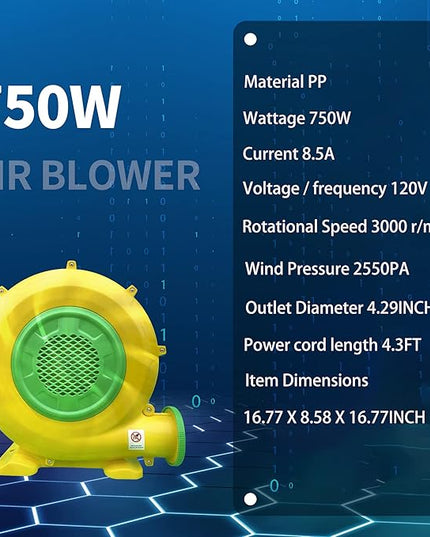 Air Blower 750 Watts with 4M Wire, 2550Pa Pump Fan Commercial Inflatable Bounce House Blower, Used for Inflatable Bouncy Castle and Jump Slides (750W,1HP) - LeafyLoom