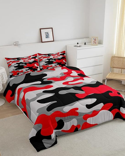 Feelyou Twin Size Camouflage Comforter Set 3Pcs Kids Bedding Set for Boys Girls Teens 1 Comforter & 2 Pillowcases(Twin,Red Black) - LeafyLoom