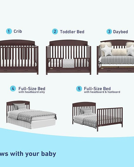 Graco Benton 5-in-1 Convertible Crib with Drawer (Espresso) - Converts from Baby Crib to Toddler Bed, Daybed and Full-Size Bed, Fits Standard Full-Size Crib Mattress, Adjustable Mattress Support Base - LeafyLoom