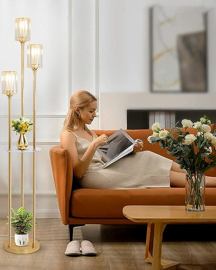 HMVPL Gold Floor Lamps for Living Room, Modern Floor Lamp with Shelves, Crystal Standing Lamps with Table, Brass Floor Lamp with Crystal Shade, On/Off Switch, Mid Century Corner Floor Lamp for Bedroom - LeafyLoom
