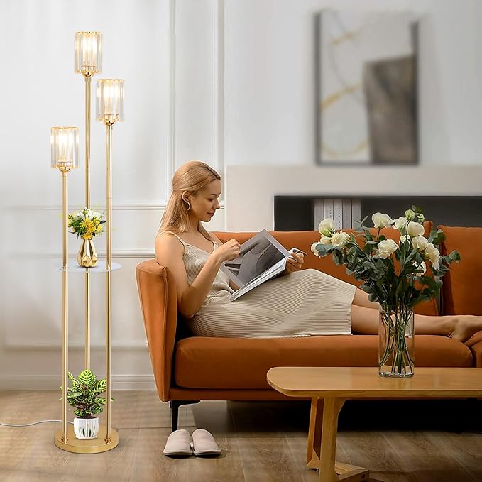 HMVPL Gold Floor Lamps for Living Room, Modern Floor Lamp with Shelves, Crystal Standing Lamps with Table, Brass Floor Lamp with Crystal Shade, On/Off Switch, Mid Century Corner Floor Lamp for Bedroom - LeafyLoom