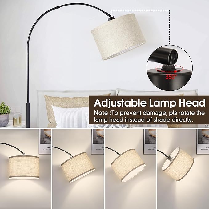 Dimmable Floor Lamp, Arc Floor Lamp with Dimmer, Black Standing Lamp with Adjustable Hanging Shade, Over Couch Tall Reading Light, Modern Pole Lamp for Living Room Bedroom, 9W LED Bulb Included - LeafyLoom