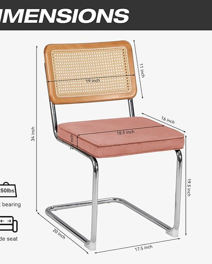 Dining Chair Set of 2, Mid-Century Modern Rattan Dining Chairs with Metal Chrome Legs, Natural Cane Backrest Upholstered for Home Kitchen，Dining Room and Patio, Pink - LeafyLoom