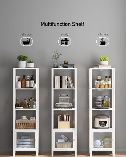 TUTOTAK 5 Tier Bookcase and Bookshelf, Narrow Book shelf with Door for Small Space, for Living Room, Office, Study, Entryway, White BS03BW005 - LeafyLoom
