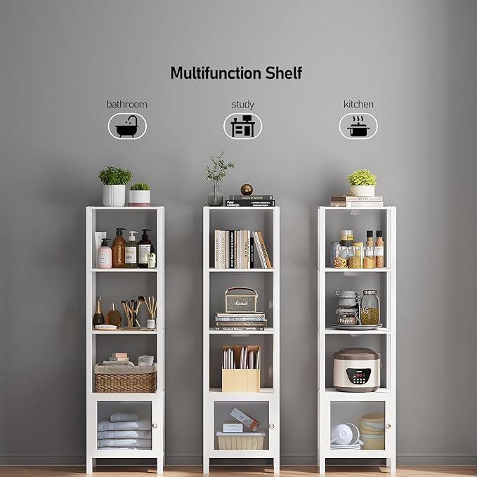 TUTOTAK 5 Tier Bookcase and Bookshelf, Narrow Book shelf with Door for Small Space, for Living Room, Office, Study, Entryway, White BS03BW005 - LeafyLoom