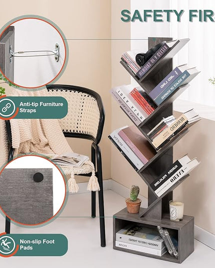 Yoobure Tree Bookshelf - 6 Shelf Retro Floor Standing Bookcase, Tall Wood Book Storage Rack for CDs/Movies/Books, Utility Book Organizer Shelves for Bedroom, Living Room, Home Office, Grey - LeafyLoom