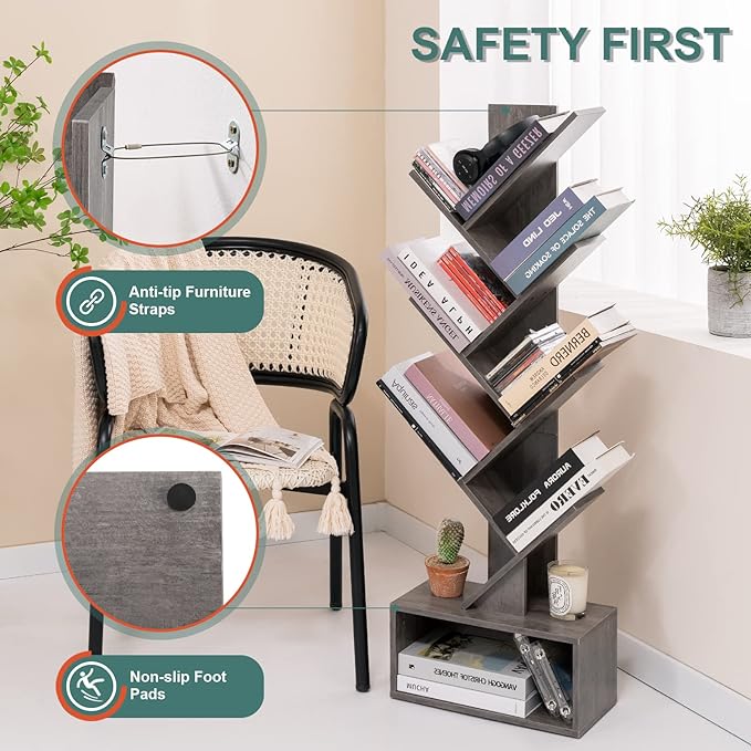 Yoobure Tree Bookshelf - 6 Shelf Retro Floor Standing Bookcase, Tall Wood Book Storage Rack for CDs/Movies/Books, Utility Book Organizer Shelves for Bedroom, Living Room, Home Office, Grey - LeafyLoom